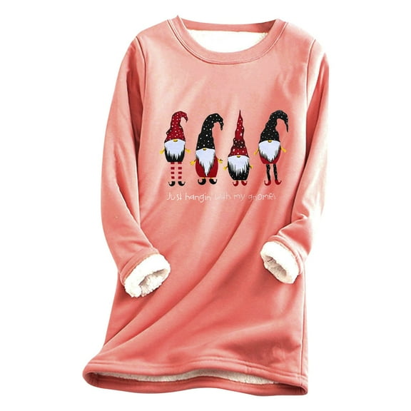 LYXSSBYX Womens Tops Long Sleeve Women Thick Fleece Sweatshirt Christmas Print Velvet Warm O-neck Underwear Top