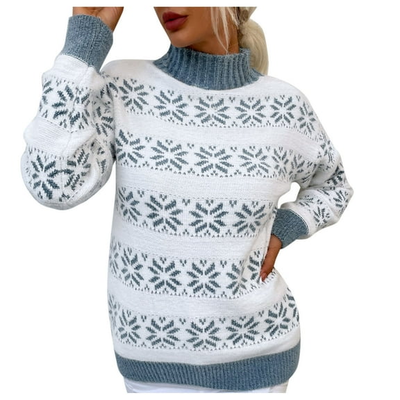 Clearance! Labakihah Women's Christmas Half High Neck Pullover Snowflake Sweater Blue