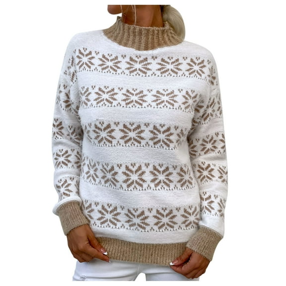 Clearance! Labakihah Women's Christmas Half High Neck Pullover Snowflake Sweater Khaki