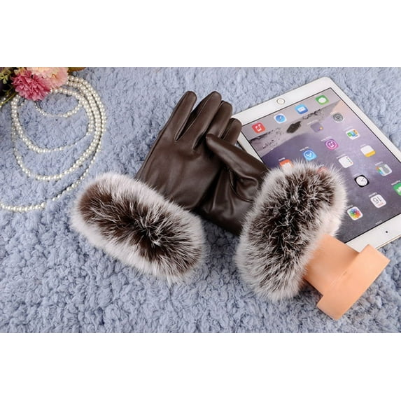 Clearance! Labakihah gloves Women Lady Black Leather Gloves Autumn Winter Warm Rabbit Mittens Coffee