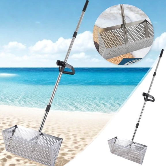 Clearance Lajdalh Sand Flea Rake, Stainless Steel Beach Sand Sifter with Detachable Long Handle, Hexagon Hole Sand Scoop for Metal Detecting and Treasure Hunting, Beach Combing Tool for Shell Sifting
