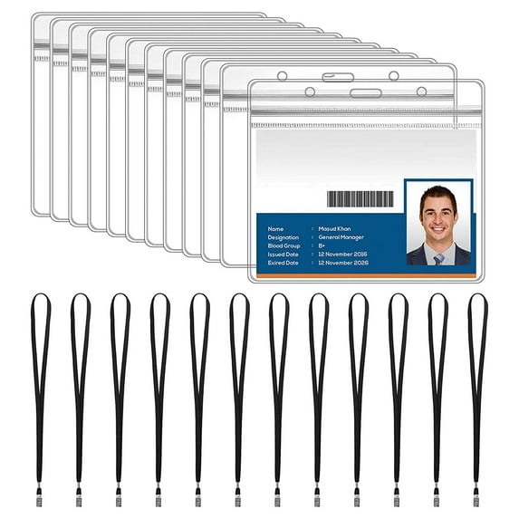 Lanyard with ID Holder 10Pcs Waterproof Name Tag Vertical Badge ID Card Holders ID Pass Holder and 10Pcs Neck Black Lanyards