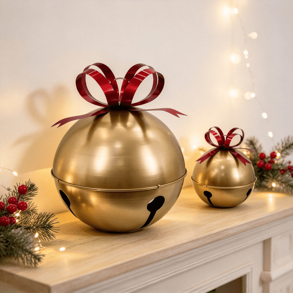Clearance! Large Gold Metal Christmas Jingle Bells Set of 2 with Red Bow, Table Holiday Decor