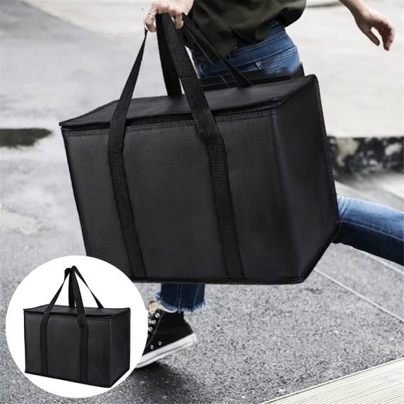 Clearance Large Insulated Grocery Bag Black Reusable Bag Hot Zipper Foldable Tote Cooler Hot And Cold Food Transport Camping Recycled Materials Groceries for Home & Kitchen Black