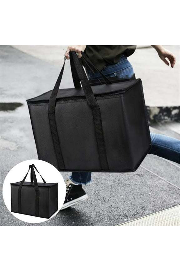 Clearance Large Insulated Grocery Bag Black Reusable Bag Hot Zipper Foldable Tote Cooler Hot And Cold Food Transport Camping Recycled Materials Groceries for Home & Kitchen Black