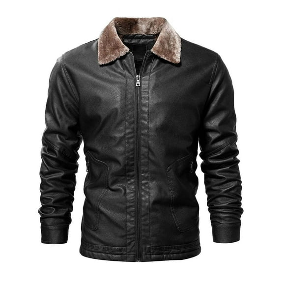 Clearance Leather Jacket Men Aviator Shearling Bomber Jacket Stand Collar Fleece Lined Zip-Up Leather Jacket Coat