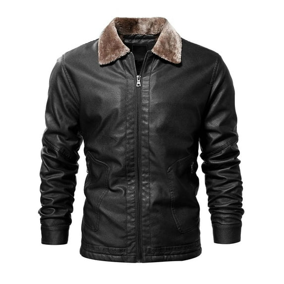 Clearance Leather Jacket Men Aviator Shearling Bomber Jacket Stand Collar Fleece Lined Zip-Up Leather Jacket Coat