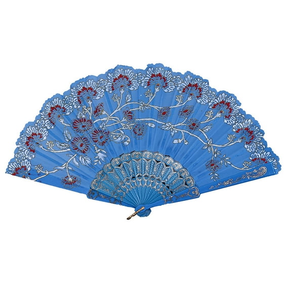 Clearance! Leott Dance Fan Promotion Sale, Best Chinese Style Dance Wedding Party Lace Silk Folding Hand Held Flower Fan Sky Blue