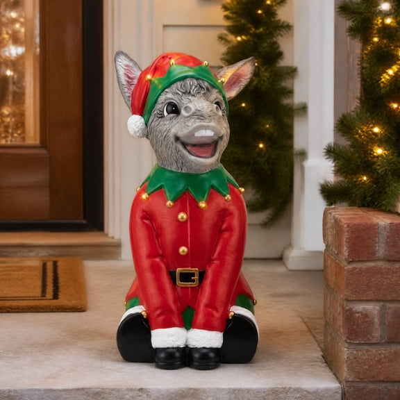 Clearance! Light-Up Donkey in Elf Costume Christmas Decoration, Resin Holiday Statue.