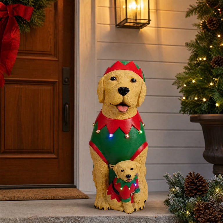 holiday dress up dog statue Clearance! Light-Up Golden Retriever & Puppy Christmas Decoration, Resin Elf Costume selects24
