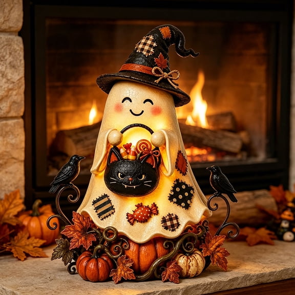 Clearance Light Up Halloween Ghost Figurine, Witch Hat Resin Ghost with Candy Bucket, Tabletop Decor for Mantel Shelf