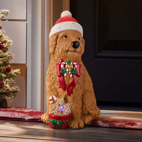 Clearance! Lighted Christmas Dog Figurine, Resin Dog Statue with Knit Santa Hat, Candy Cane, Bow and Treat Basket for Holiday Tabletop Decor and Dog Lovers Gifts