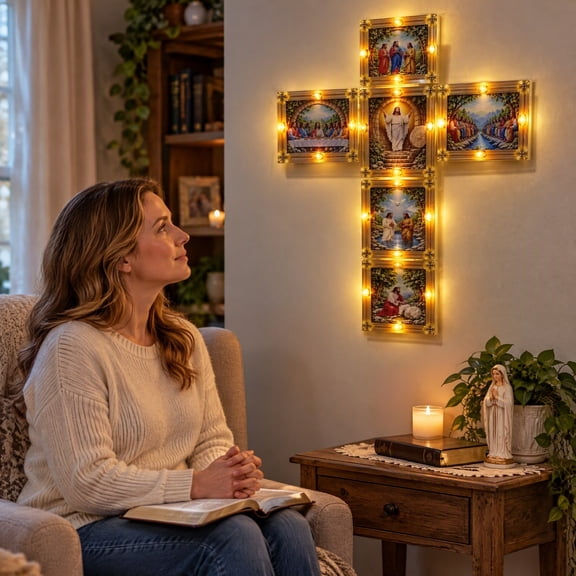 Clearance! Lighted Wall Cross 14", LED Biblical Life of Jesus Cross Christmas Decor, Acrylic Lighted Scripture Cross for Home Altar