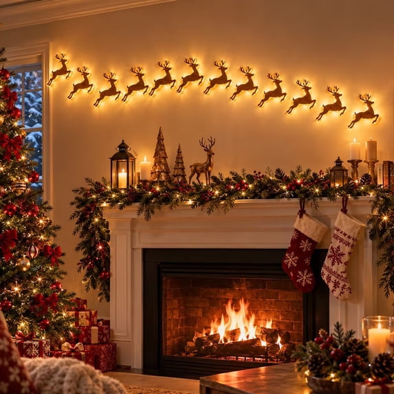 Clearance Lighted Wooden Reindeer Christmas Wall Decor, Warm LED Wall Display with 12 Reindeer for Indoor Christmas Decorating.