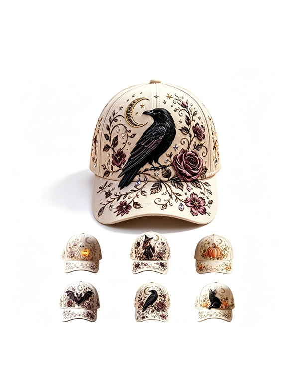 Clearance! Limited Edition 2026 Black Crow Garden Morning Embroidered Cap, Adjustable Lightweight Halloween Hat, Halloween Floral Botanical Garden Dad Hat for Women Men Outdoor Wear Halloween Gift