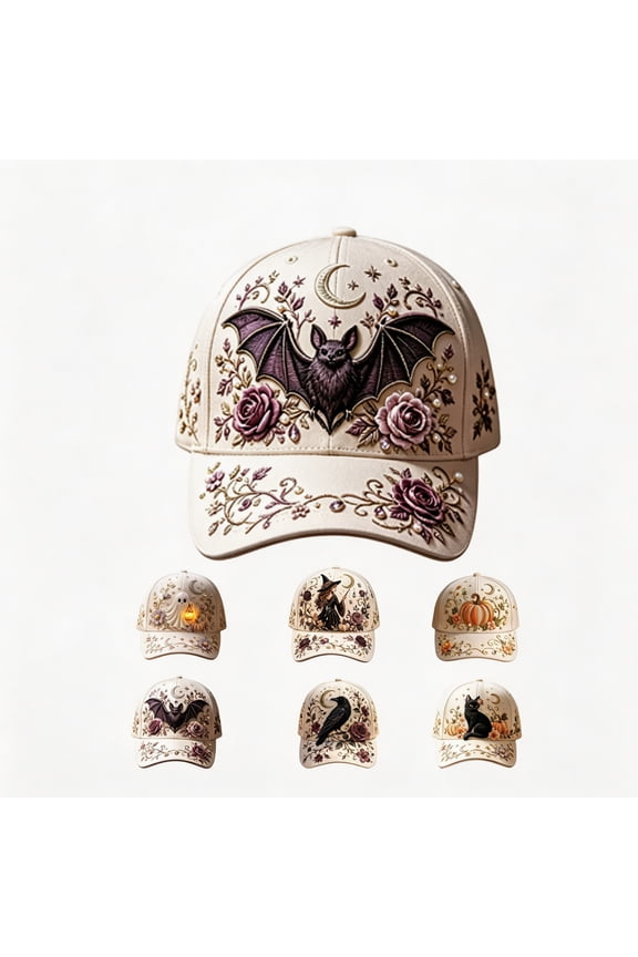 Clearance! Limited Edition 2026 Dark Gray Bat Garden Morning Embroidered Cap, Adjustable Lightweight Halloween Hat, Gothic Bat Purple Rose Botanical Garden Dad Hat for Women Men Halloween Gift