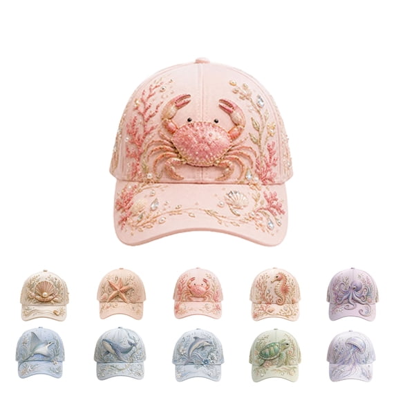 Clearance! Limited Edition 2026 Ocean Theme Crab Garden Morning Embroidered Cap, Adjustable Lightweight Halloween Hat, Floral Marine Life Embroidered Dad Hat for Women Men Ocean Gift