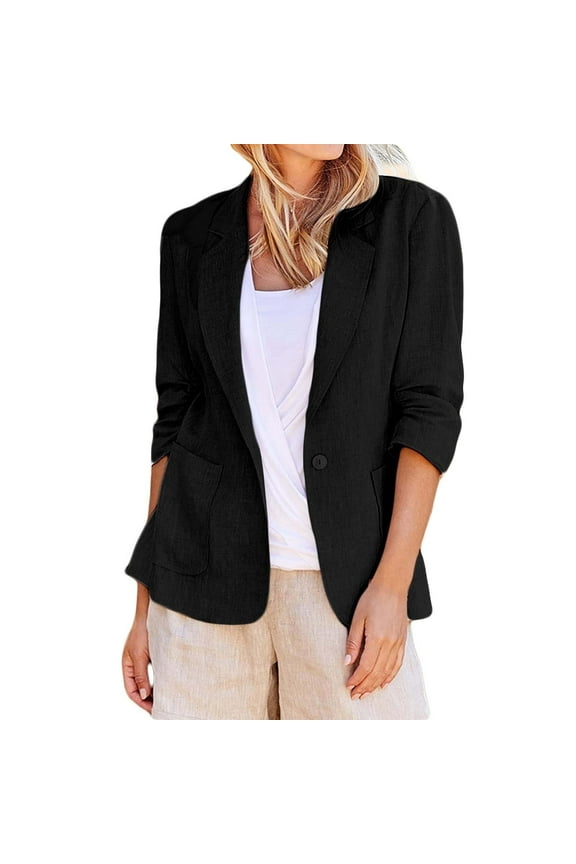 Clearance! Linen Blazer Jackets for Women,Casual Lightweight Cardigan Plus Size Long Sleeve Office Work Business Blazer Pockets Lapel 3/4 Sleeve Open Front Suit Jackets