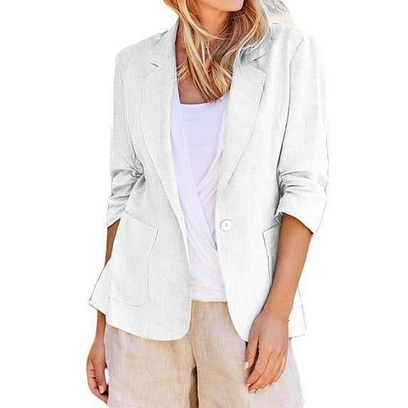 Clearance! Linen Blazer Jackets for Women,Casual Lightweight Cardigan Plus Size Long Sleeve Office Work Business Blazer Pockets Lapel 3/4 Sleeve Open Front Suit Jackets