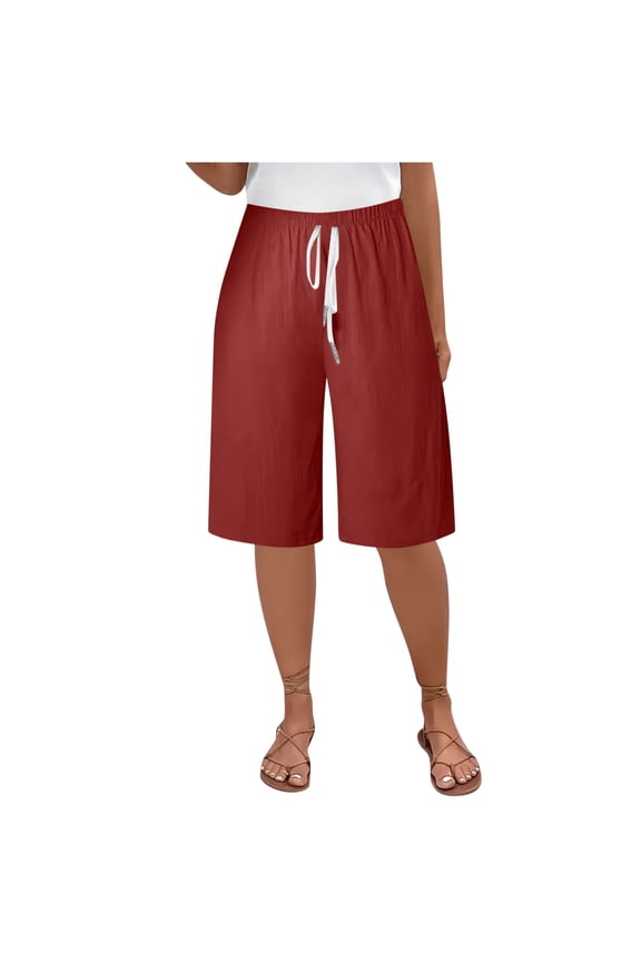 Clearance Linen Capris for Women Summer Drawstring Elastic Waist Sweatpants Baggy Stretchy Wide Leg Capri Pants Boho Wear Quick Dry Active Capris Dressy Flowy Trouser Golf Joggers Pants with Pockets