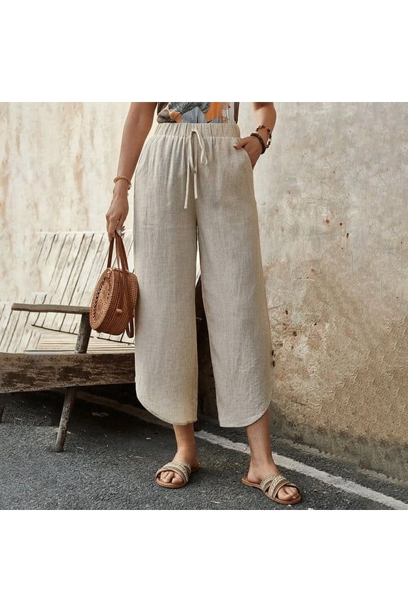 Linen Capris for Women Elastic High Waisted Drawstring Capri Pants with Pockets Side Button Bottom Casual Capri Pants