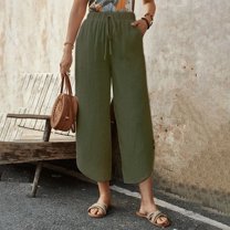 Linen Capris for Women Elastic High Waisted Drawstring Capri Pants with Pockets Side Button Bottom Casual Capri Pants