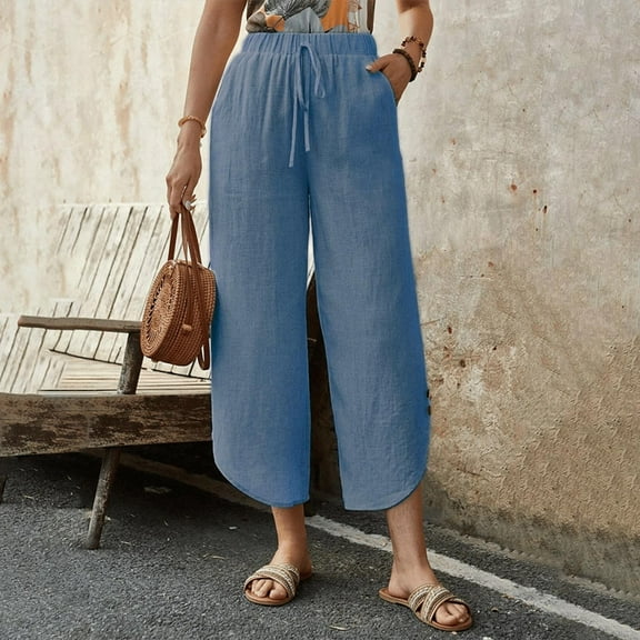 Linen Capris for Women Elastic High Waisted Drawstring Capri Pants with Pockets Side Button Bottom Casual Capri Pants