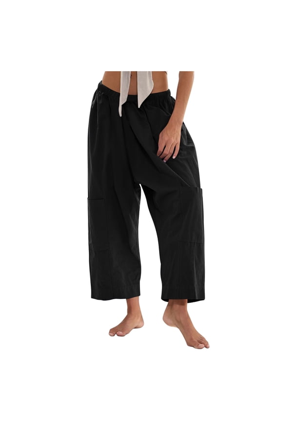 Clearance Linen Drop Crotch Trouser for Women High Waisted Lace-Up Elastic Waist Palazzo Pants Baggy Stretchy Wide Leg Trousers Dressy Flowy Sweatpant Beach Bbq Pant with Pockets