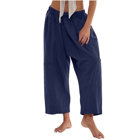 Clearance Linen Drop Crotch Trouser for Women High Waisted Lace-Up Elastic Waist Palazzo Pants Baggy Stretchy Wide Leg Trousers Dressy Flowy Sweatpant Beach Bbq Pant with Pockets