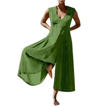 Clearance! Linen Jumpsuits for Women Dressy Casual Plus Size Jumpsuits Sleeveless Crewneck Long Rompers
