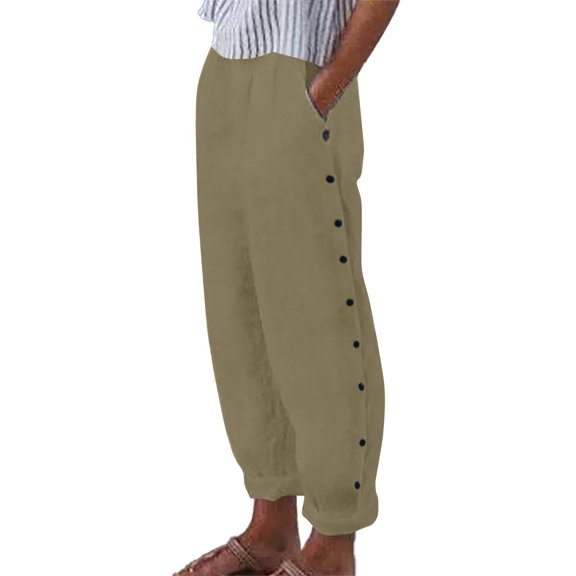 Linen Pants Women Elastic Waist Casual Pants With Pockets Side Button Straight Leg Trousers Vacation Beach Pants Khaki XL Size