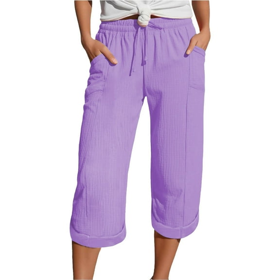ManxiVoo Women Lightweight Linen Pants 3/4 Length Breathable Comfort Fit Casual Summer Trousers With Pockets XXXL Size Purple