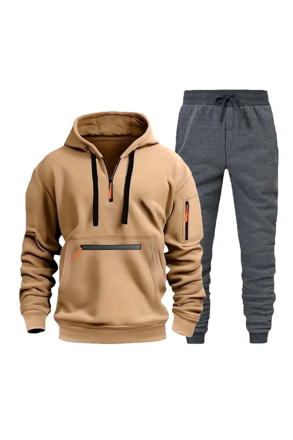 Clearance! Lisingtool 2 Piece Sets for Men Men's Spring and Autumn Winter Long Sleeved Corduroy Solid Color Patch Top Sweatpants Casual Loose Suit Khaki Promotion Sale