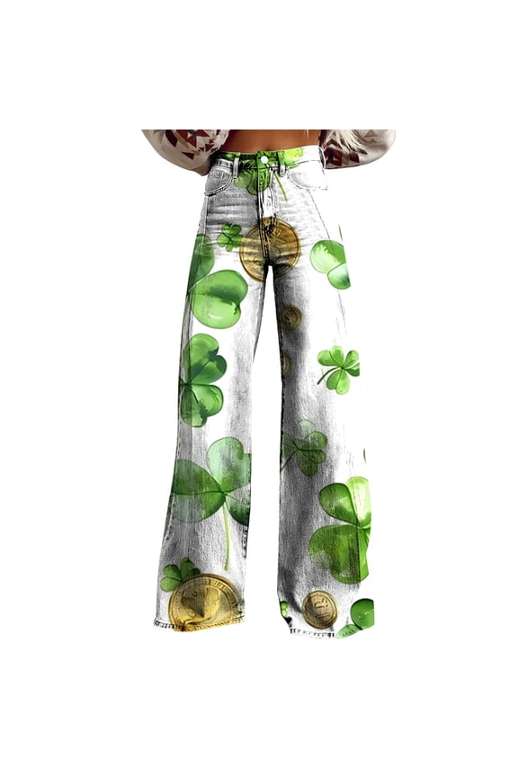Clearance! Lisingtool Casual Pants for Women 2025 Trendy Wide Leg Pants Woman High Waist Floral Patterned Pants Lightweight Loose Fit Casual Colorful Trouser Imitation Jeans Green on Clearance