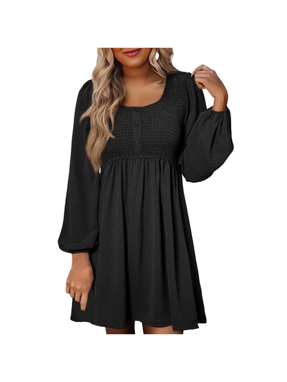 Dresses for Women Womens Casual Dress Smocked Crewneck Button Up Long Sleeve Empire Waist A Line Dress Black Promotion Sale