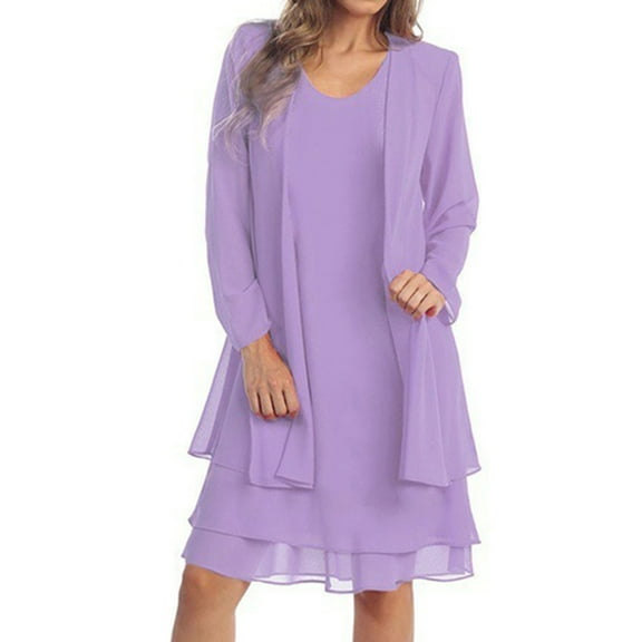 Lisingtool Dresses for Women Women's Chiffon Stitching Long Sleeves In The Long Two Dress Set