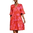 thumbnail image 1 of Lisingtool Dresses for Women Womens 3/4 Puff Sleeves Ruffle Dress V Neck Solid Pleated Dresses, 1 of 9