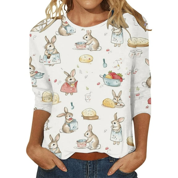Lisingtool Easter Shirts for Women Funny Egg Graphic Tees 3/4 Length Sleeve Tops Cute Bunny Pullovers Tunic Cotton Blouse White