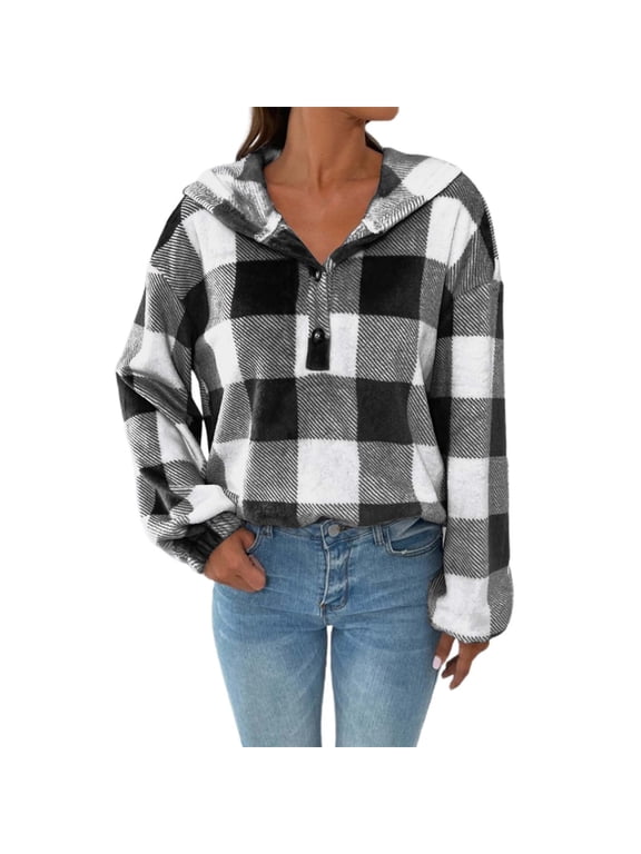 Hoodies for Women Gingham Half Button Drop Shoulder Hoodie Womens Casual Plaid Shacket Button Down Long Sleeve Sweatshirt Promotion Sale