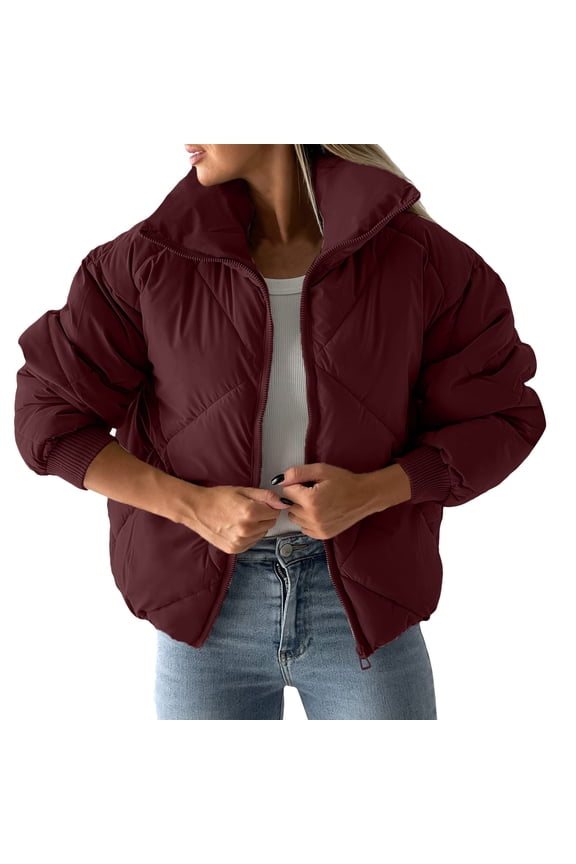 Clearance! Lisingtool Jackets for Women Women's Pockets Full Zip Long Sleeve Quilted Jacket Short Bubble Coats Promotion Sale