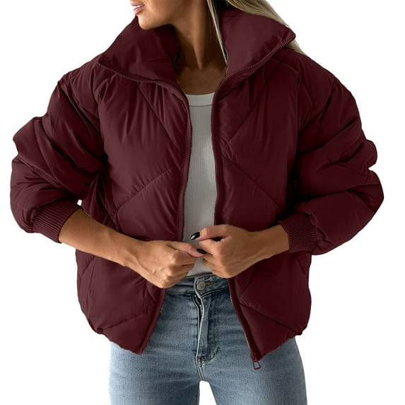 Clearance! Lisingtool Jackets for Women Women's Pockets Full Zip Long Sleeve Quilted Jacket Short Bubble Coats Promotion Sale