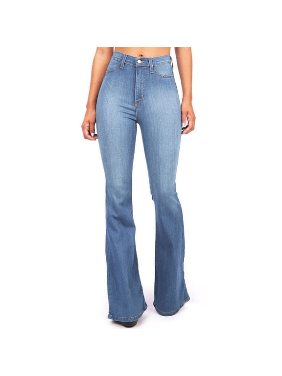Clearance! Lisingtool Jeans for Women Women's High Waist Pocket Wide Leg Jeans Flared Skinny Button Trousers