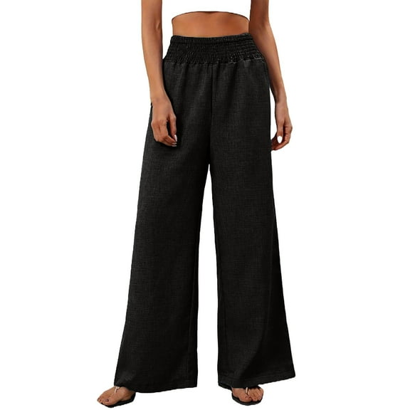 Lisingtool Linen Pants Women Summer Drawstring Waist Wide Leg Pants Loose Cotton Linen Palazzo Pants Casual Beach Long Pants Black