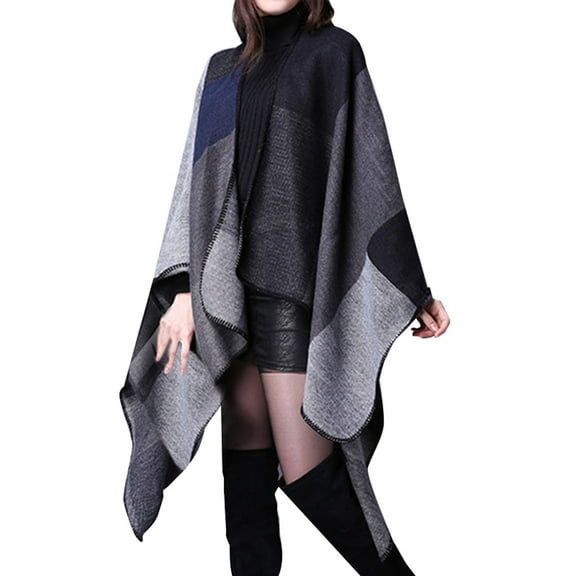 Clearance! Lisingtool Shawl Wraps for Women Women's Travel Plaid Shawl Wraps Open Front Poncho Cape Warm Oversized Sweaters Casual Cardigan Shawls for Fall Winter Black1 Promotion Sale