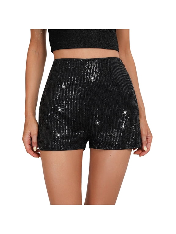 Clearance! Lisingtool Shorts for Women 2025 Trendy High Waisted Sequin Shorts for Women Elastic Straight Leg Sparkly Glitter Party Shorts