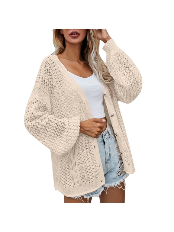 Clearance! Lisingtool Sweaters for Women Women Solid Casual Crochet Cardigan Button Sweater Boho Oversized Cardigan Coat Promotion Sale