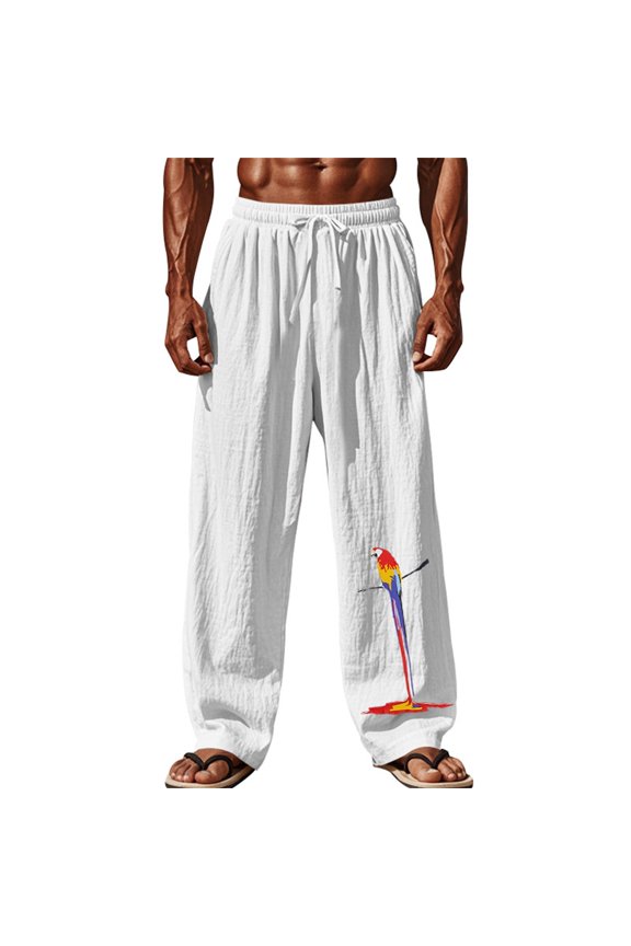 Clearance! Lisingtool Sweatpants for Men Men's Loose Cotton Pants Spring and Fall Casual Pants Men's Parrot Print Breathable Pants White Promotion Sale
