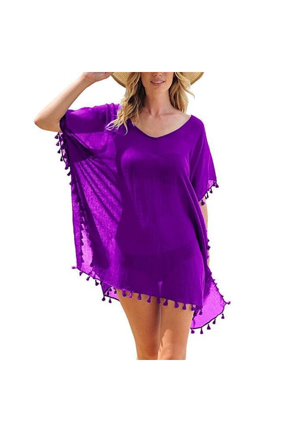 Clearance! Lisingtool Swim Suit Coverup for Women Women's Trim Kaftan Chiffon Tassels Swimwear Beach Loose Bikini Cover Up Tops Purple