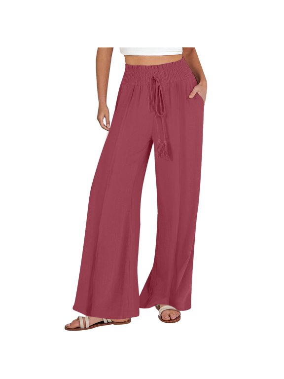 Trendy Pant for Women Linen Pants Women Summer Wide Leg Pants Drawstring Elastic Waist Pants High Waisted Pants Casual Beach Trousers Wine