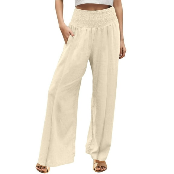 Lisingtool Trendy Pant for Women Linen Pants Women Summer Wide Leg Pants Drawstring Elastic Waist Pants High Waisted Pants Casual Beach Trousers Beige
